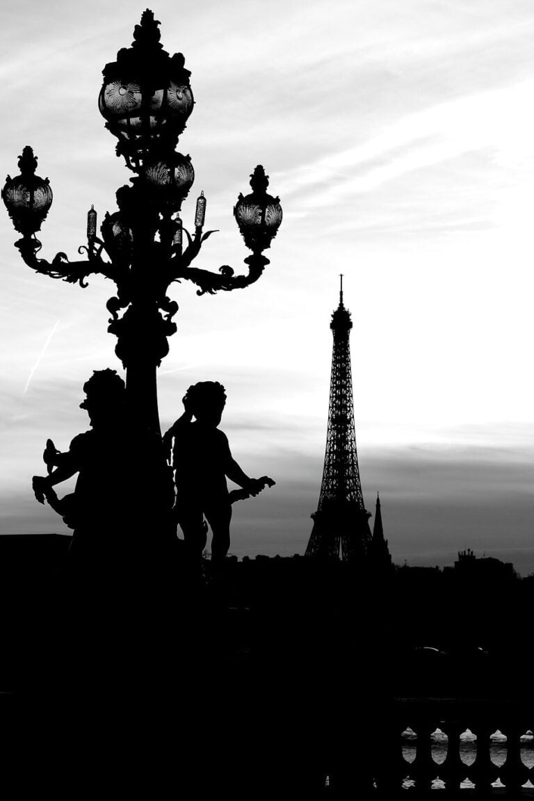 nstant contrasté à Paris : Photographie en noir et blanc, mettant en avant un superbe lampadaire d'un pont parisien, orné de deux anges, avec la majestueuse Tour Eiffel en arrière-plan. Saisissez l'émotion authentique par l'œil artistique du photographe de Haute Garonne, spécialisé dans les mariages élégants.