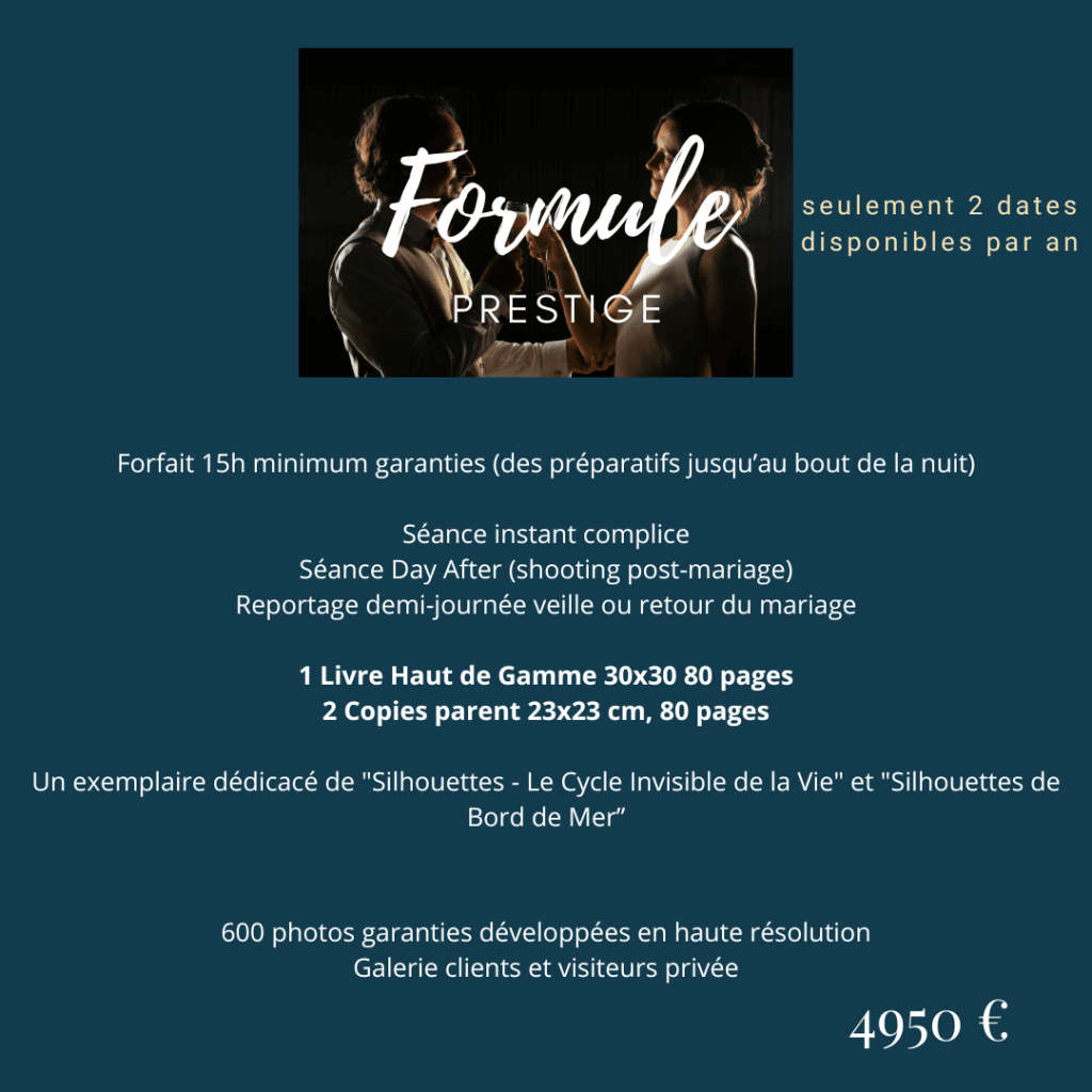 Formule Prestige photographe mariage haut de gamme Toulouse - 15h, séance Day After, livre offert, 600 photos