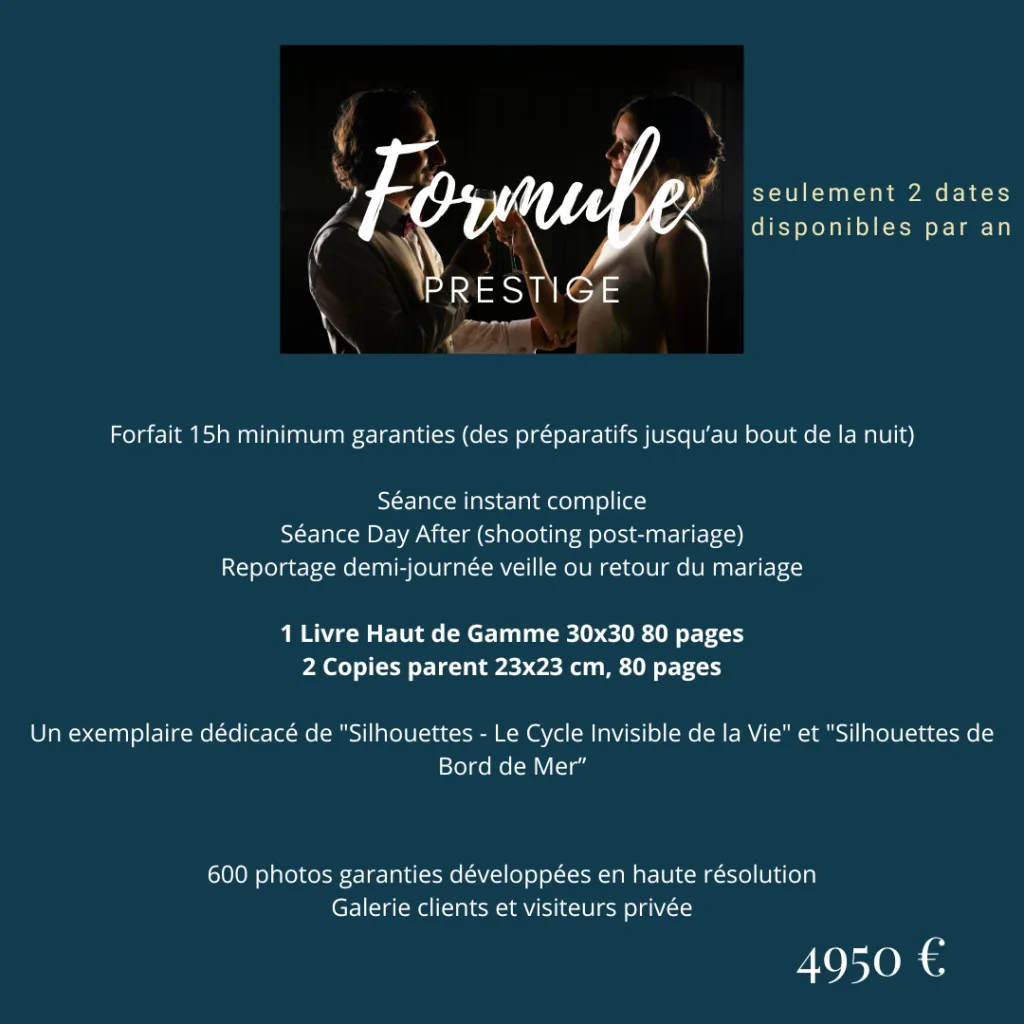 Formule Prestige photographe mariage haut de gamme Toulouse - 15h, séance Day After, livre offert, 600 photos