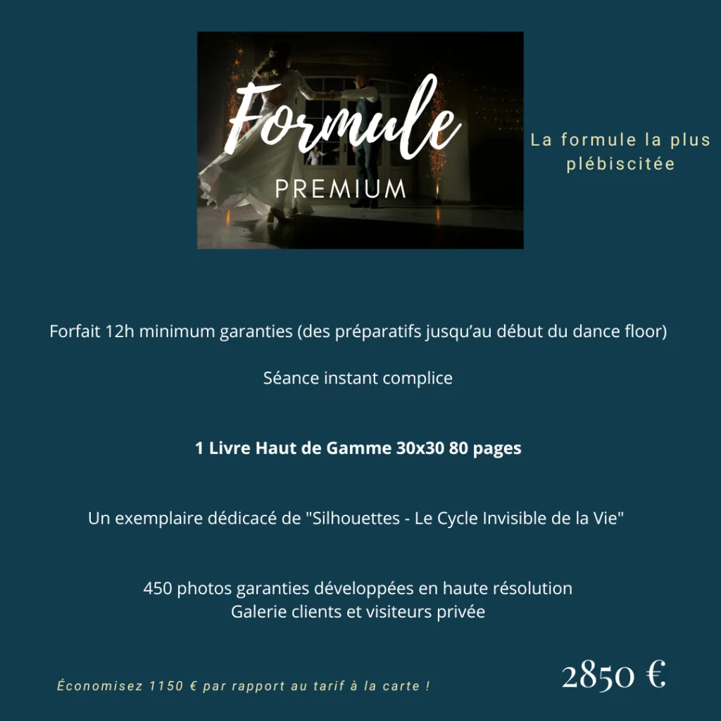 Formule Premium photographe mariage Toulouse - 12h, livre Haut de Gamme, 450 photos, séance Instant Complice
